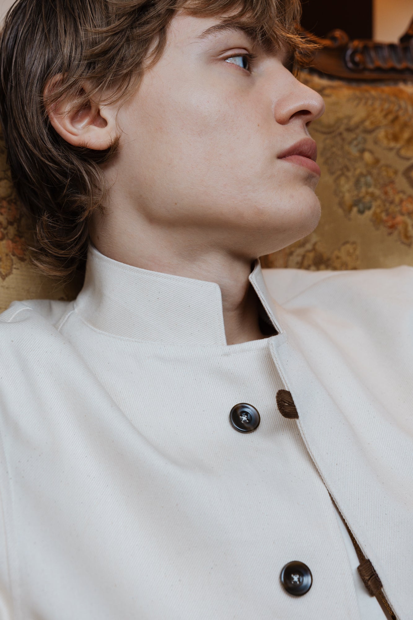 SOL LEVANTE Unstructured Mandarin Collar Shacket with Satin Trim