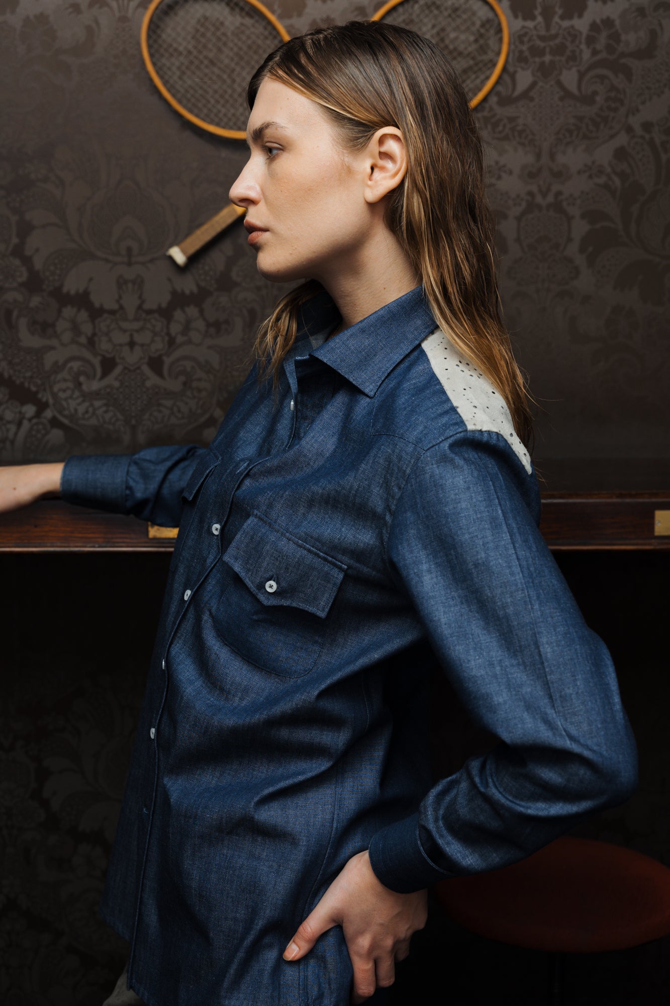 SOPHIA Denim Shirt with Suede Yoke and Mother-of-Pearl Buttons