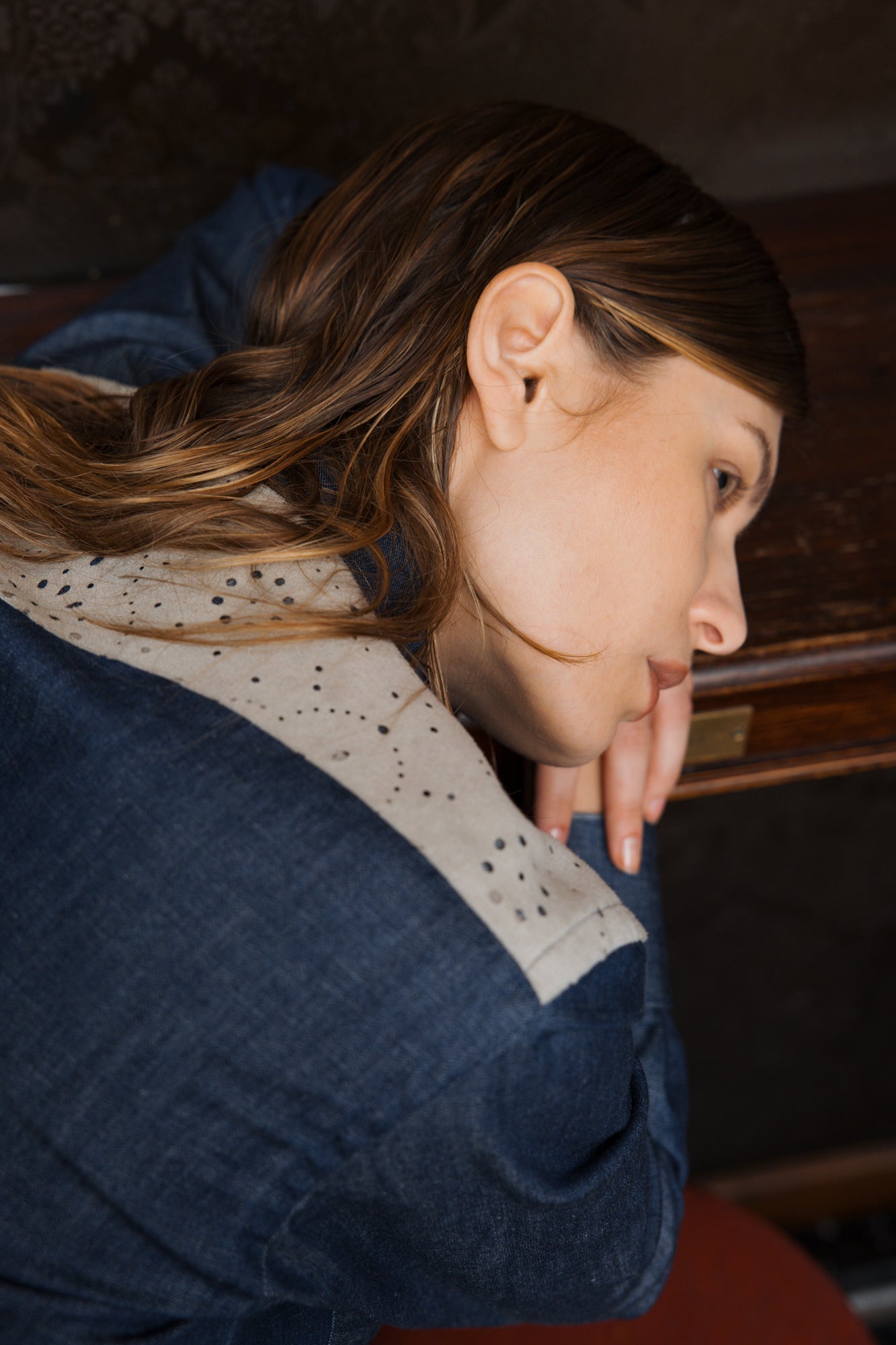 SOPHIA Denim Shirt with Suede Yoke and Mother-of-Pearl Buttons