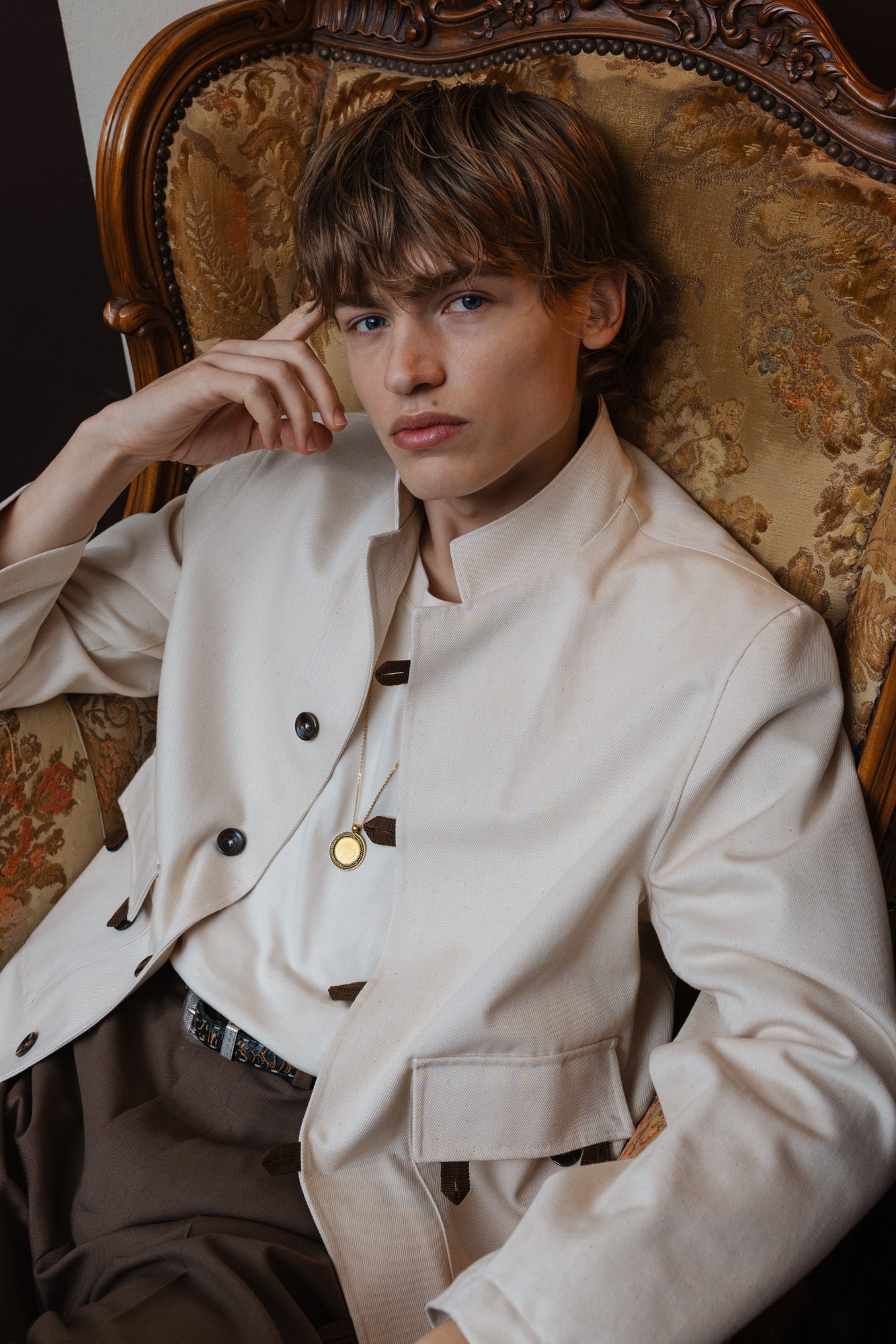 SOL LEVANTE Unstructured Mandarin Collar Shacket with Satin Trim