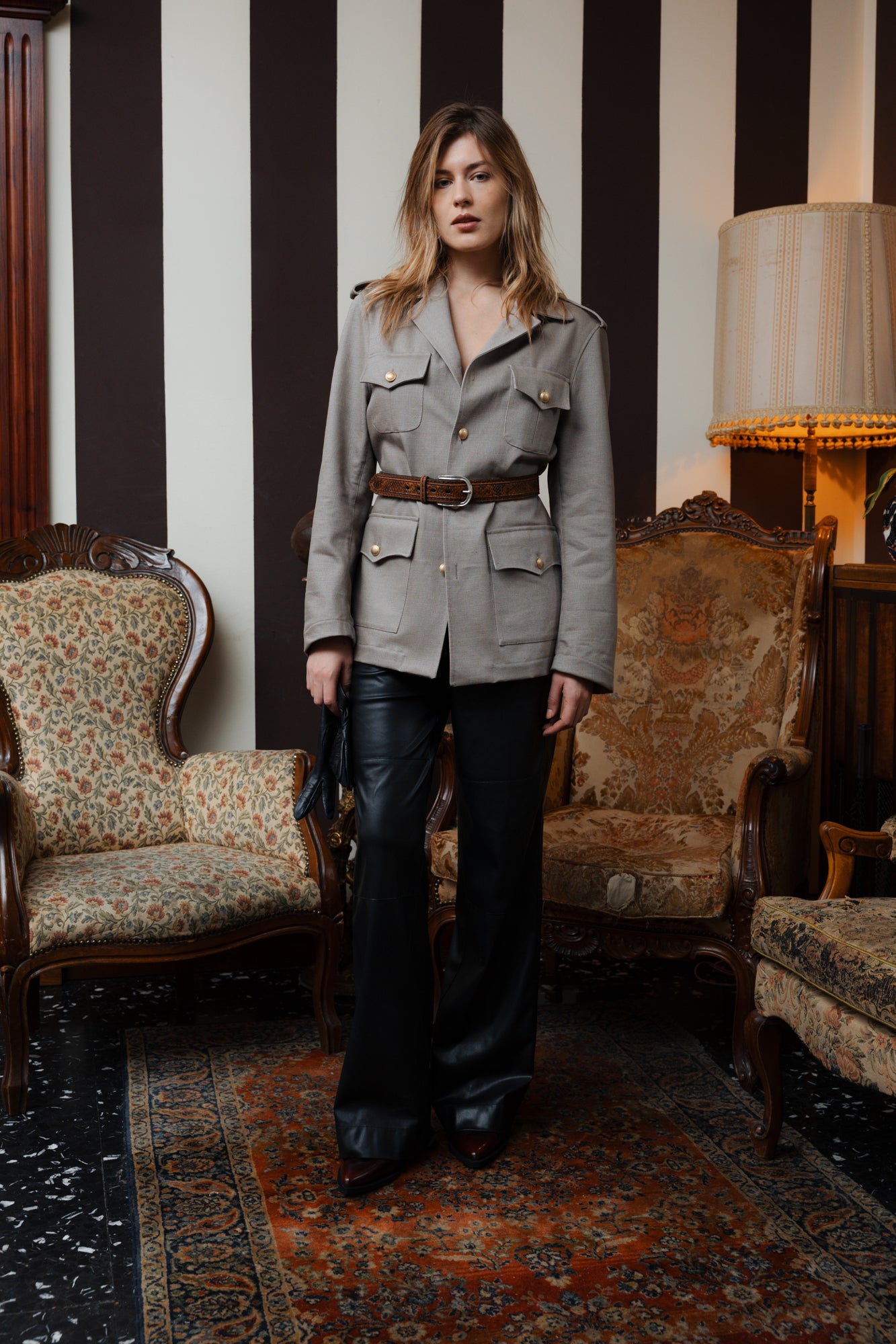 QUADRIVIO Unstructured Sand Green Jacket-Shirt with Flap Pockets and Satin Trim (Copy)