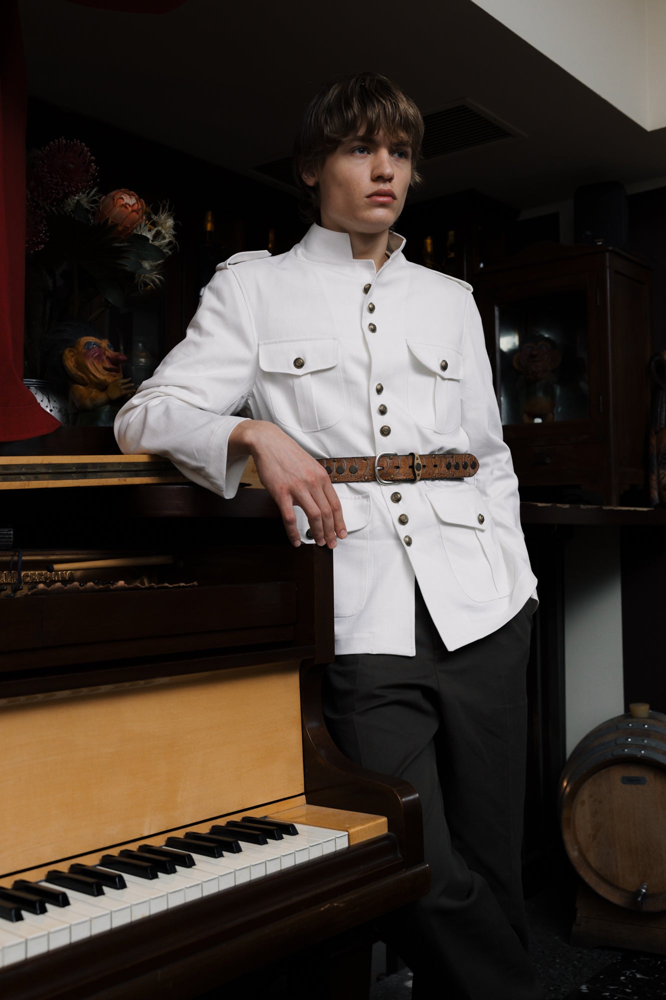 NOVENIA Unstructured Beige Shacket with Satin Trim and 9 Buttons