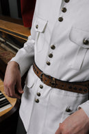 NOVENIA Unstructured Beige Shacket with Satin Trim and 9 Buttons