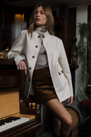 SOL LEVANTE Unstructured Mandarin Collar Shacket with Satin Trim