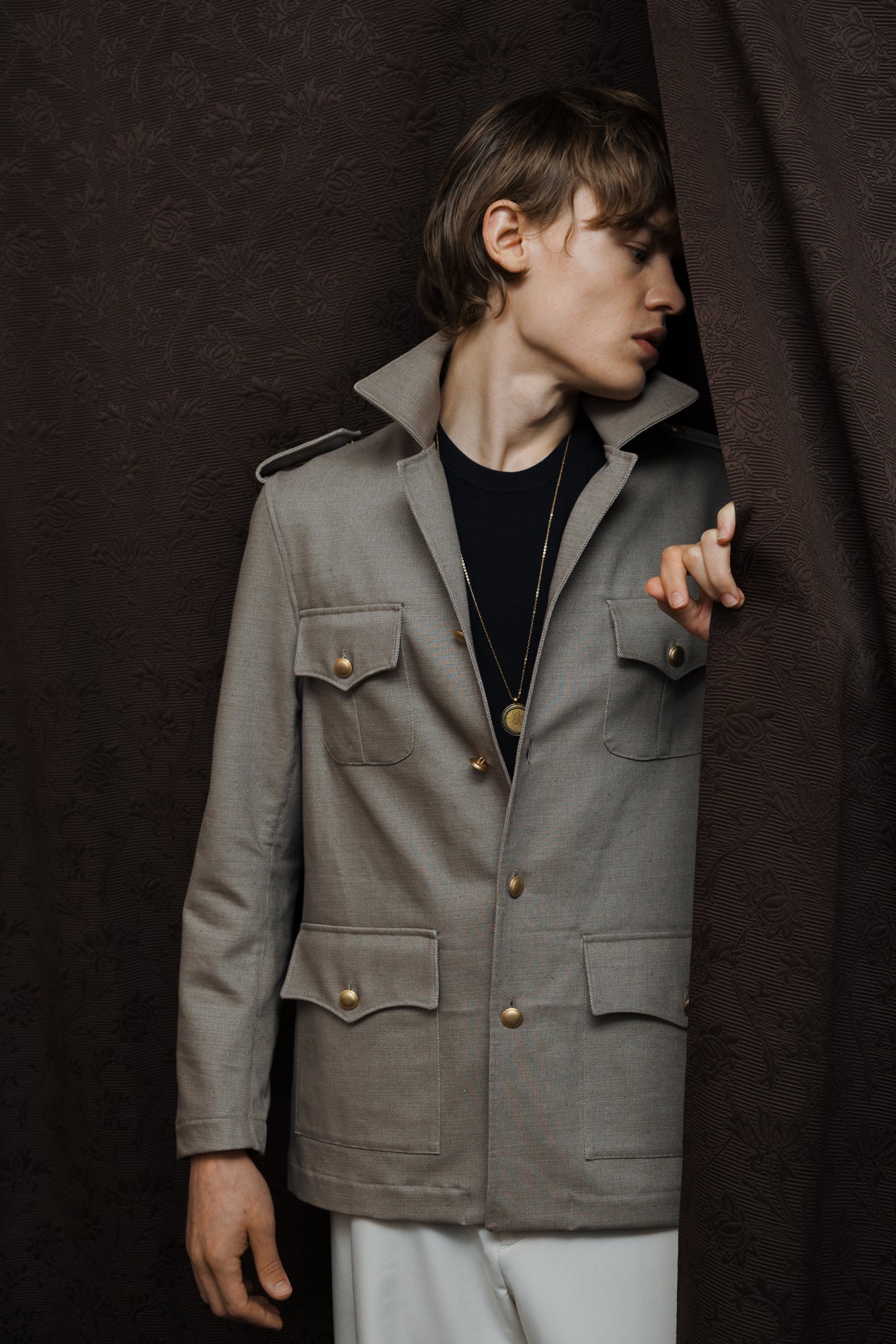 QUADRIVIO Unstructured Sand Green Jacket-Shirt with Flap Pockets and Satin Trim (Copy)